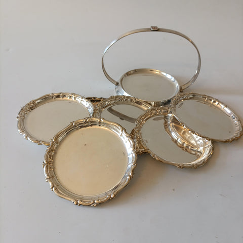 6 תחתיות לכוסות בתוך מנשא, וינטג' בלגי, Argentor, Silver Plated