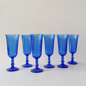 6 גביעי שמפניה מזכוכית כחולה, וינטג', חדשים, ללא שימוש קודם