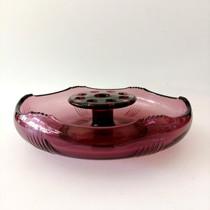 קערת זכוכית גדולה, Center piece עם Flower Frog מובנה, וינטג'