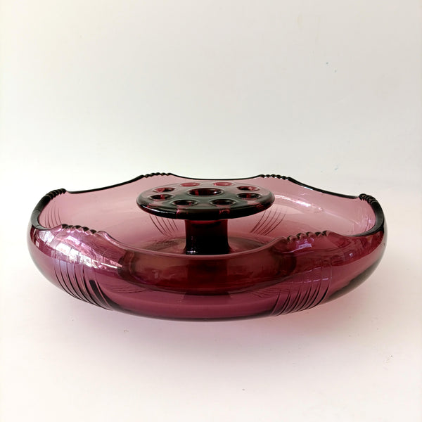 קערת זכוכית גדולה, Center piece עם Flower Frog מובנה, וינטג'