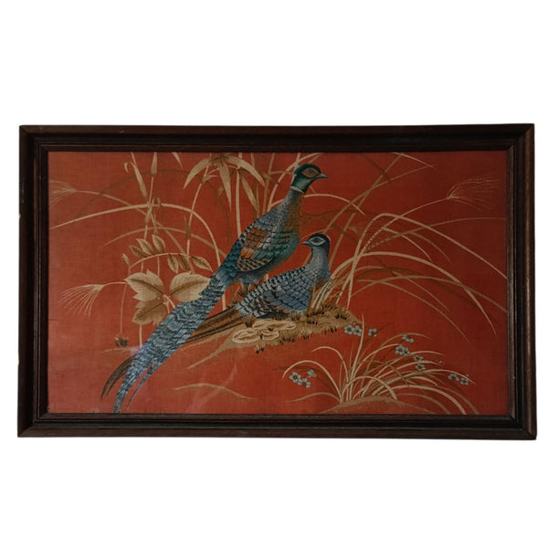 זוג פסיונים, הדפס גדול על בד פשתן, ממוסגר במסגרת עץ, וינטג'