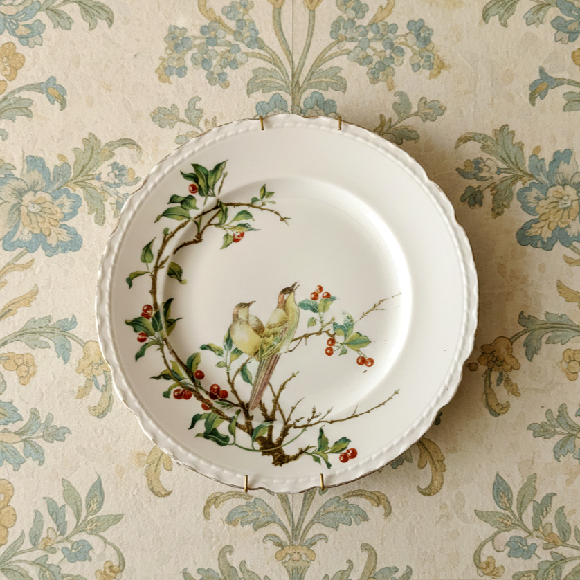 צלחת בינונית (קוטר 20.5 ס"מ) לתליה, בעיטור ציפורים, וינטג' אנגלי