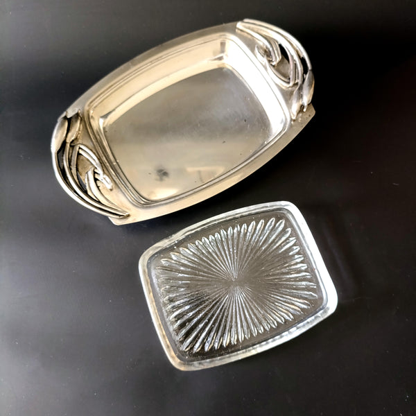כלי לחמאה, Silver Plated וזכוכית, אר דקו, וינטג'