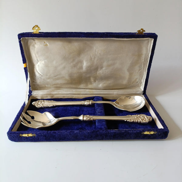 כף ומזלג לסלט, Silver Plated, בקופסת קטיפה מהדורת, וינטג'
