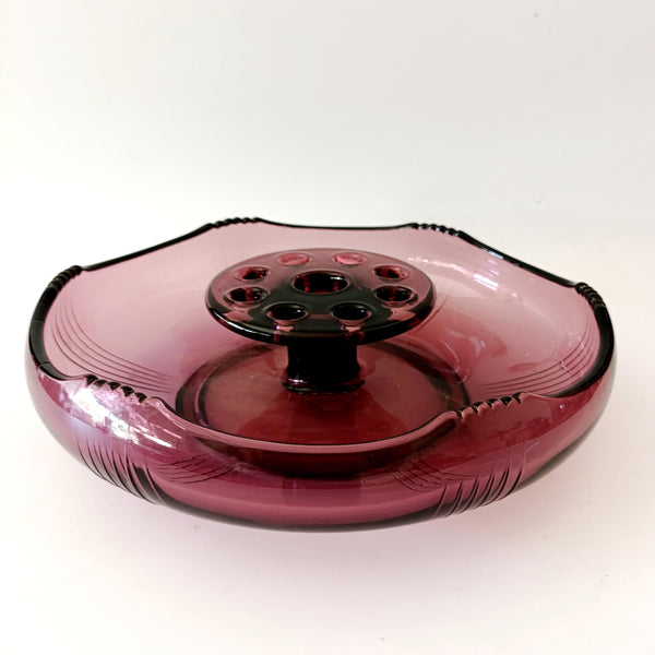 קערת זכוכית גדולה, Center piece עם Flower Frog מובנה, וינטג'