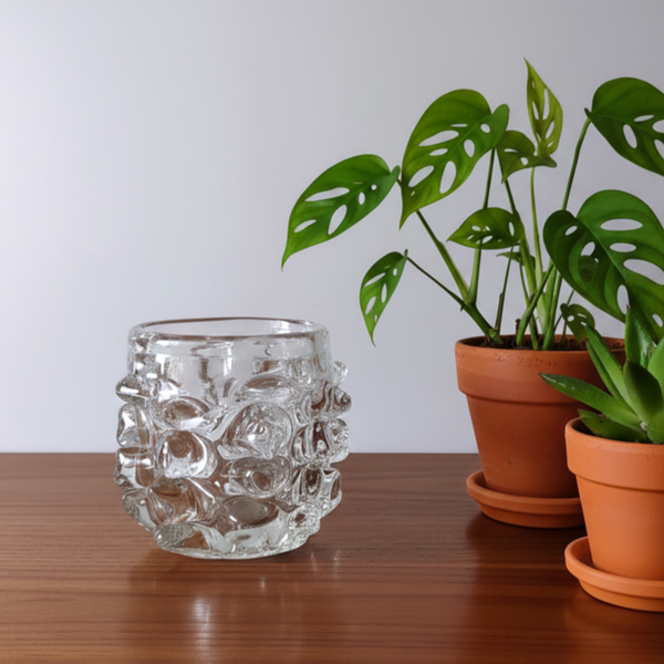 אגרטל זכוכית נמוך, טקסטורת בועות/קוצים, וינטג'