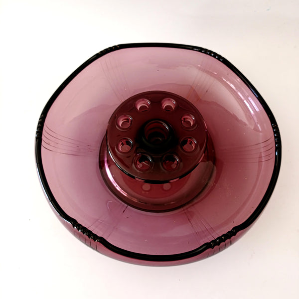 קערת זכוכית גדולה, Center piece עם Flower Frog מובנה, וינטג'