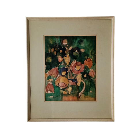אקוורל פרחים צבעוני מקורי, מיכאל חשבי 1917-2001, מתוארך ל- 1972