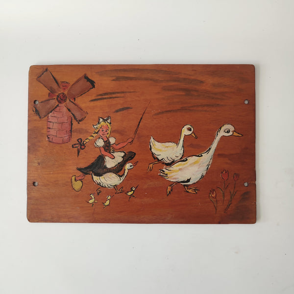 ציור יד על לוח עץ - רועת האווזים, נאיבי ומקסים, אחד ויחיד, וינטג' רוסי