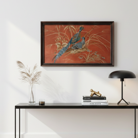 זוג פסיונים, הדפס גדול על בד פשתן, ממוסגר במסגרת עץ, וינטג'