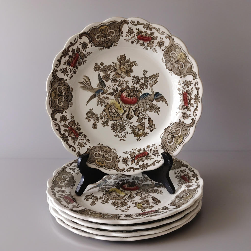 5 צלחות מנה עיקרית, Transferware, וינטג' אנגלי, Ridgway