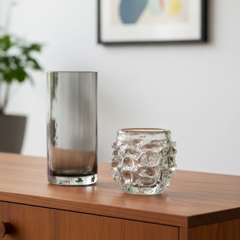 אגרטל זכוכית נמוך, טקסטורת בועות/קוצים, וינטג'