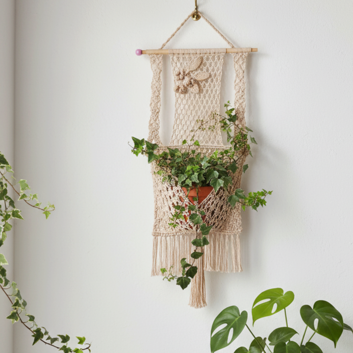 מתלה מקרמה בחוט דק עם כיס, וינטג'